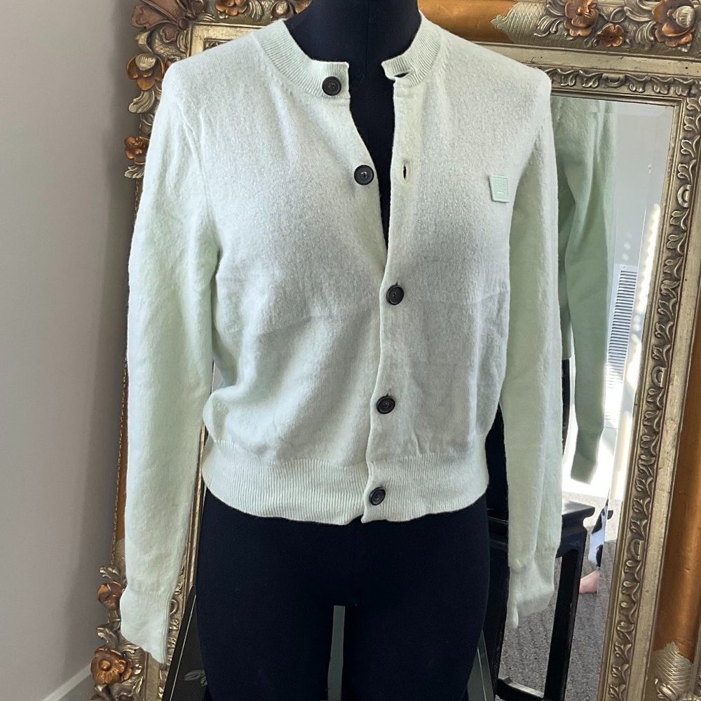 Acne Studio Face Logo Wool Cardigan Sweater Crew Neck Long Sleeve Size XS Green